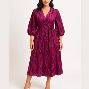 CELINA MOON Pink and Purple Patterned Long Sleeve Midi Dress NEW